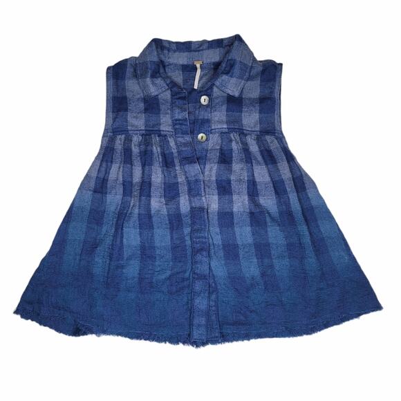 Free People Tops - Free People Top Blue Plaid Ombre Button Up Down Vest Shirt Size Small Petite SP